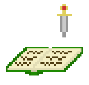 Dagger floating over one of the books of the books of the aeneid in a pixelated art style while pages flutter.